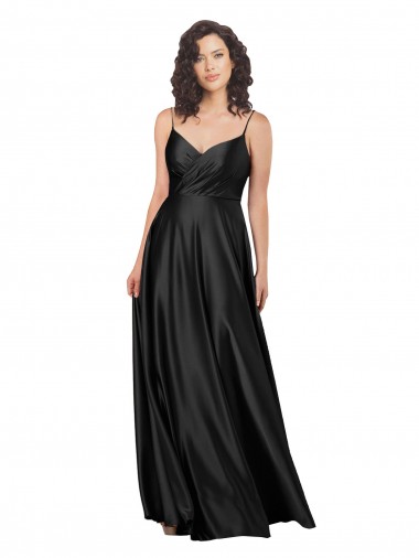 Negro línea A Cuello en V Satén sedoso Largo Formales Vestidos de dama de honor / Vestidos de fiesta Venta