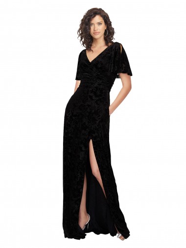 Negro línea A Cuello en V Terciopelo floral Terciopelo Elástico Largo Vestidos de dama de honor Venta