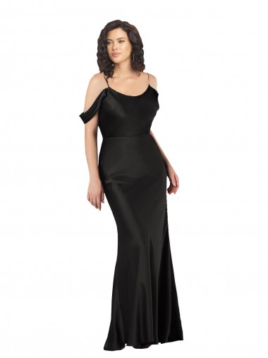 Negro línea A Hombros Descubiertos Satén sedoso Largo Formales Vestidos de dama de honor / Vestidos de fiesta Venta