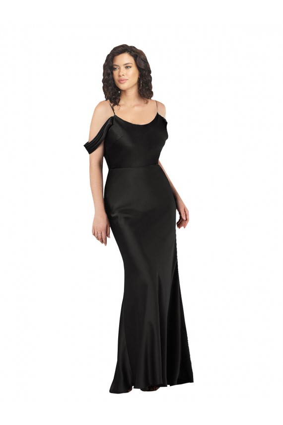 Compra Negro línea A Hombros Descubiertos Satén sedoso Largo Formales Vestidos de dama de honor / Vestidos de fiesta