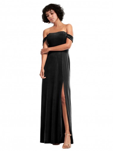 Negro línea A Hombros Descubiertos Sin tirantes Terciopelo Elástico Largo Formales Vestidos de dama de honor / Vestidos de fiesta Venta