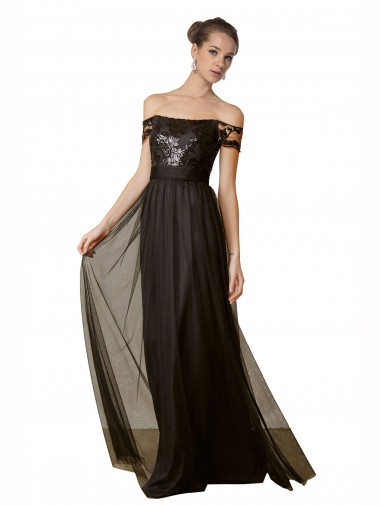 Negro línea A Hombros Descubiertos Tul Lentejuela Largo Vestidos de dama de honor Venta