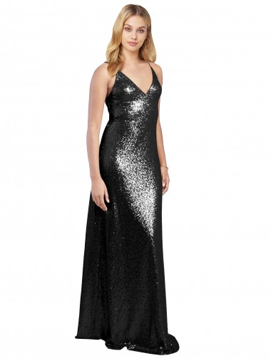 Negro línea A Tirantes espagueti Cuello en V Lentejuela Largo Formales Vestidos de dama de honor / Vestidos de fiesta Venta