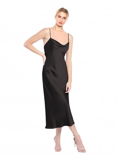 Negro línea A Tirantes espagueti Midi Satén elástico Corto Formales Vestidos de dama de honor / Vestidos de fiesta / Vestidos de cóctel Venta