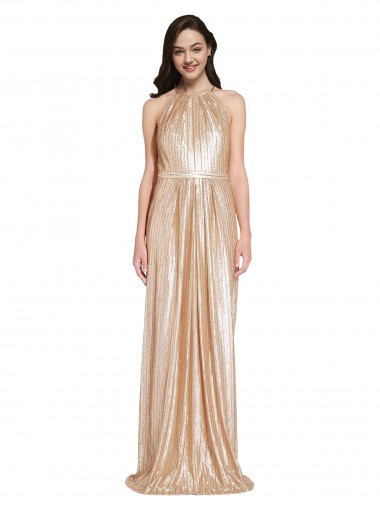 Oro Cubierta Halter Cuello Alto Lentejuela Largo Formales Vestidos de dama de honor / Vestidos de fiesta Venta