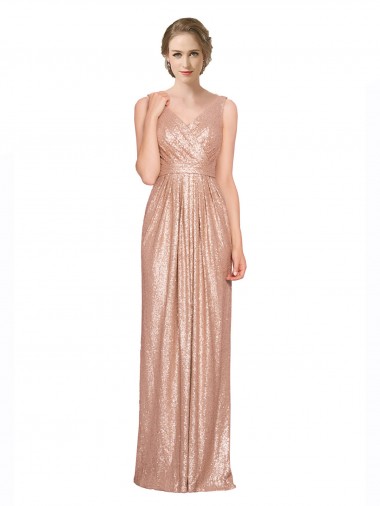 Oro rosa Cubierta Cuello en V Lentejuela Largo Formales Vestidos de dama de honor / Vestidos de fiesta Venta