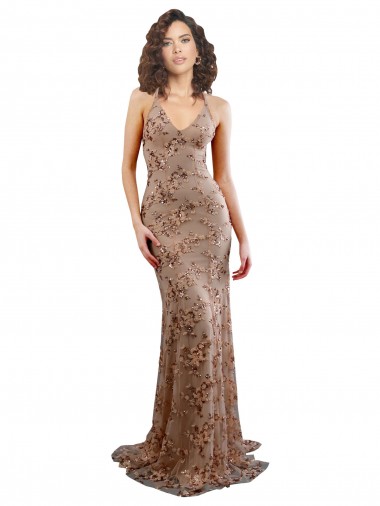 Oro rosa Sirena Cuello en V Cuello Alto Crepé Elástico Lentejuela Tul Largo Formales Vestidos de dama de honor / Vestidos de fiesta Venta