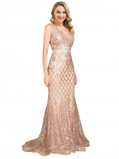 Oro rosa Sirena Cuello en V Lentejuela Lentejuelas brillantes Largo Formales Vestidos de dama de honor / Vestidos de fiesta Venta