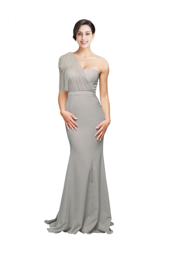 Compra Ostra Plata Sirena Un Hombre Cuello de Corazón Barrer tren Crepé Elástico Tul Largo Formales Vestidos de dama de honor / Vestidos de fiesta