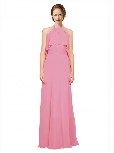 Piel rosa línea A Halter Cuello Alto Gasa Largo Vestidos de dama de honor Venta