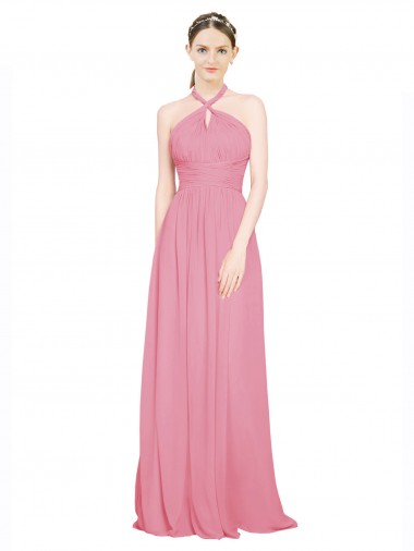 Piel rosa línea A Halter Cuello en V Gasa Largo Vestidos de dama de honor Venta