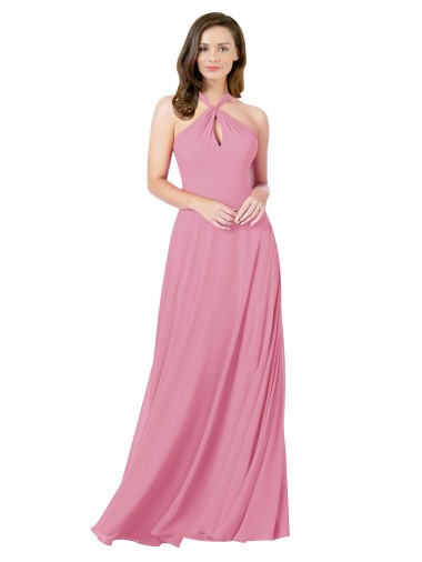 Piel rosa línea A Halter Gasa Largo Vestidos de dama de honor / Vestidos de fiesta Venta