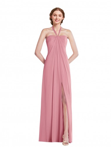 Piel rosa línea A Halter Gasa Largo Vestidos de dama de honor Venta