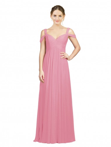Piel rosa línea A Hombros Descubiertos Gasa Largo Vestidos de dama de honor Venta