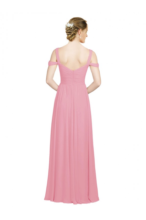 Compra Piel rosa línea A Hombros Descubiertos Gasa Largo Vestidos de dama de honor