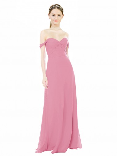 Piel rosa línea A Hombros Descubiertos Gasa Largo Vestidos de dama de honor Venta