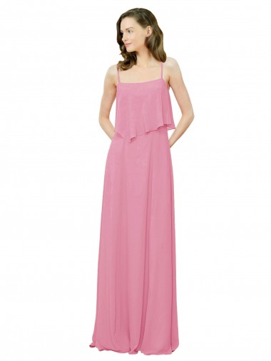 Piel rosa línea A Tirantes espagueti Gasa Largo Vestidos de dama de honor Venta