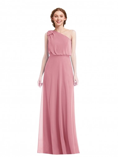 Piel rosa línea A Un Hombre Gasa Largo Vestidos de dama de honor Venta