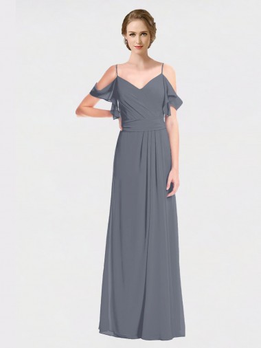 Pizarra gris línea A Hombros Descubiertos Cuello en V Gasa Largo Vestidos de dama de honor Venta