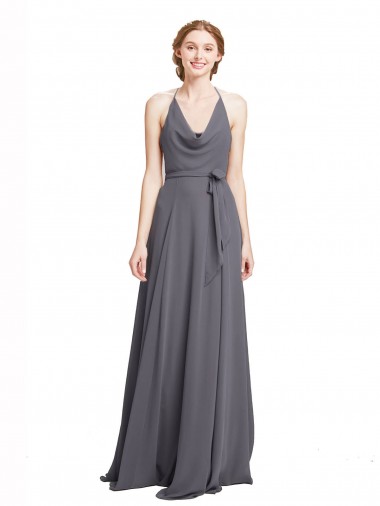 Pizarra gris línea A Tirantes espagueti Halter Gasa Largo Vestidos de dama de honor Venta