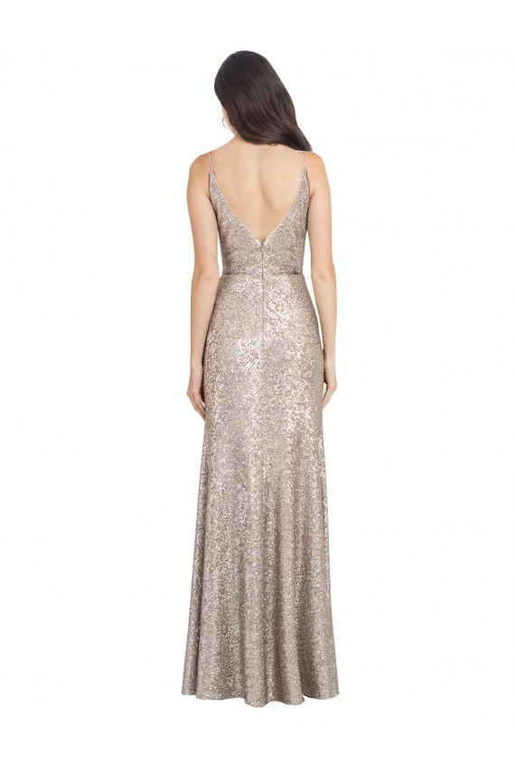 Compra Plata Cubierta Cuello en V Cuello Alto Lentejuela Lentejuelas brillantes Largo Formales Vestidos de dama de honor / Vestidos de fiesta
