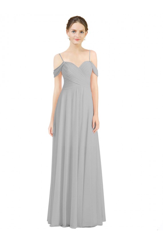 Compra Plata línea A Hombros Descubiertos Tirantes espagueti Gasa Largo Vestidos de dama de honor