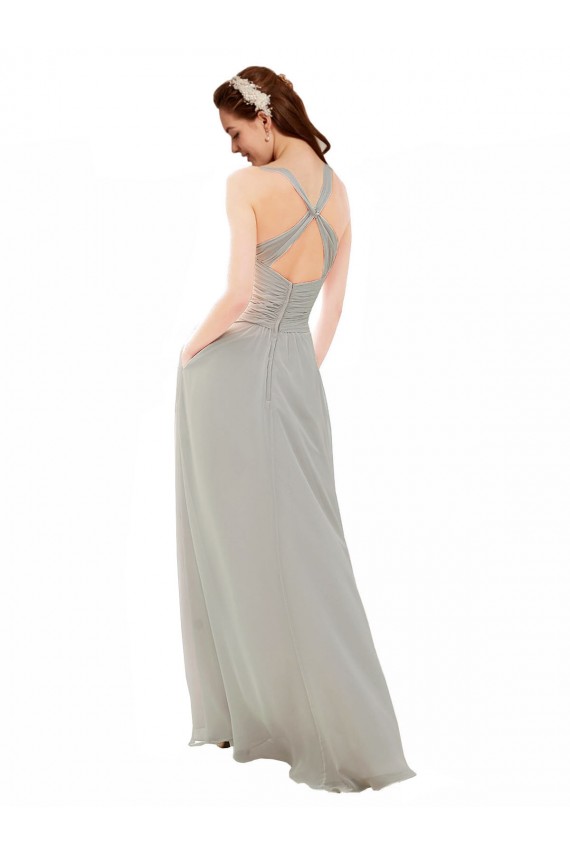 Compra Plata línea A Tirantes espagueti Cuello en V Gasa Largo Vestidos de dama de honor