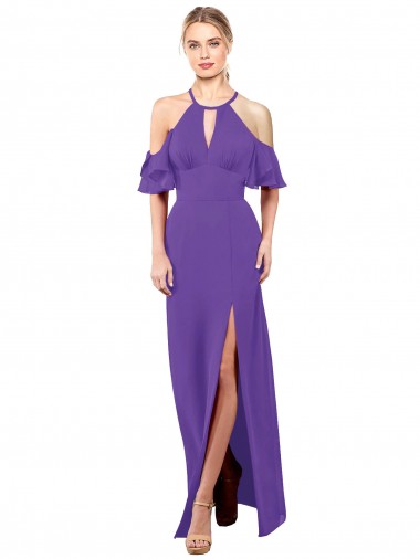 Púrpura línea A Halter Gasa Largo Vestidos de dama de honor Venta