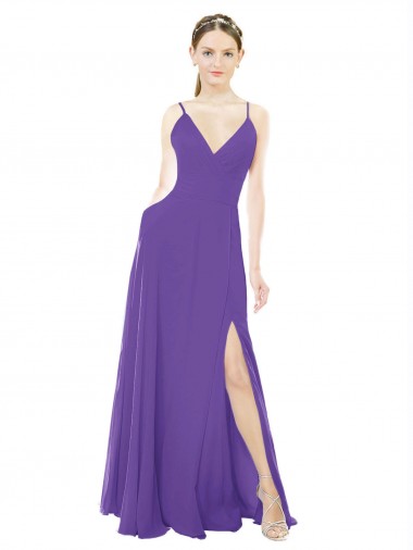 Púrpura línea A Tirantes espagueti Cuello en V Gasa Largo Vestidos de dama de honor Venta