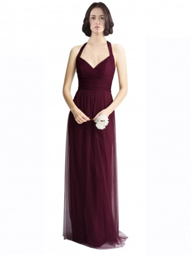 Rojo 74 línea A Halter Cuello en V Tul Largo Vestidos de dama de honor Venta