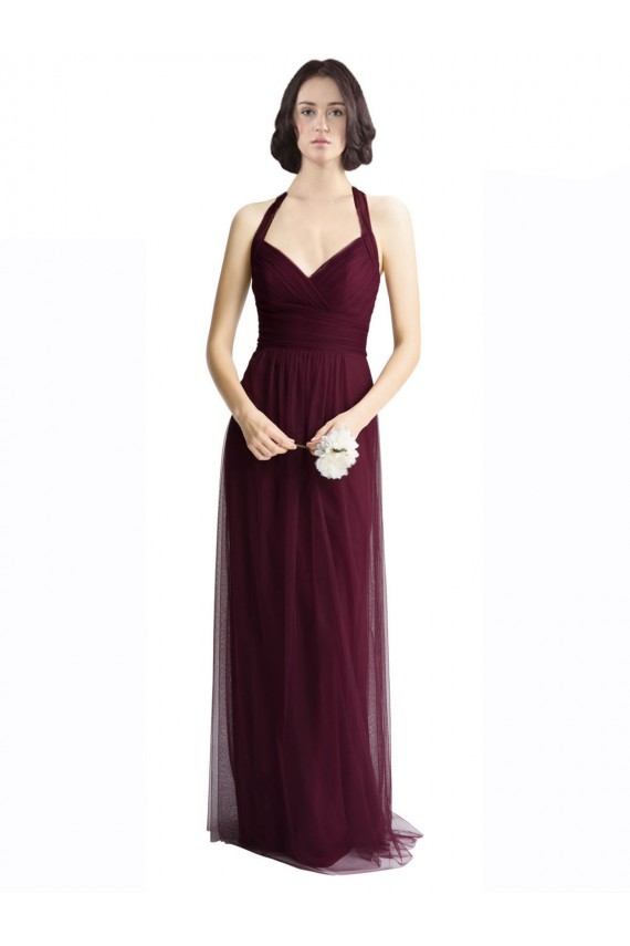 Compra Rojo 74 línea A Halter Cuello en V Tul Largo Vestidos de dama de honor