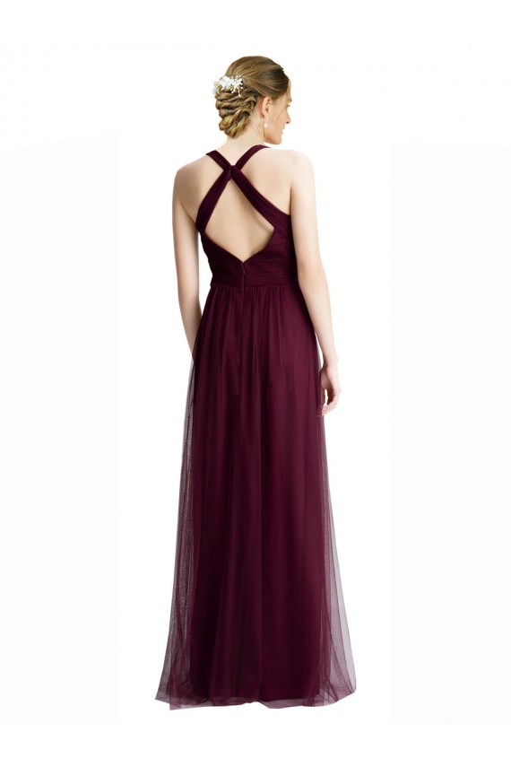 Compra Rojo 74 línea A Halter Cuello en V Tul Largo Vestidos de dama de honor