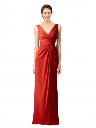 Rojo Cubierta Cuello en V Gasa Largo Vestidos de dama de honor Venta