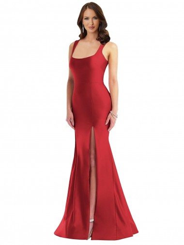 Rojo Sirena Cuadrado Satén sedoso Largo Formales Vestidos de dama de honor / Vestidos de fiesta Venta