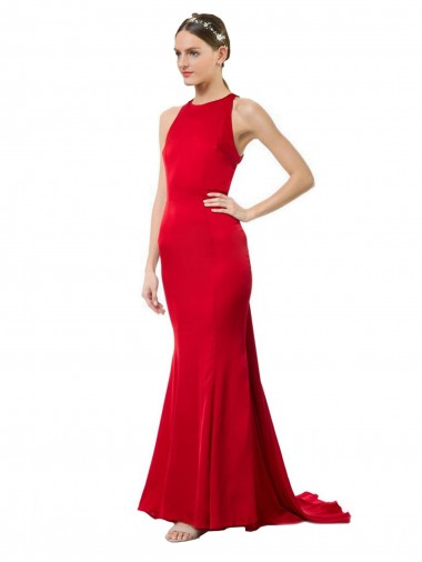 Rojo Sirena Halter Cuello Alto Crepé Elástico Largo Formales Vestidos de dama de honor / Vestidos de fiesta Venta
