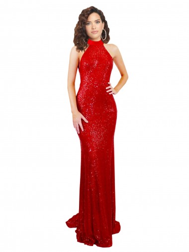 Rojo Sirena Halter Cuello Alto Lentejuela Largo Formales Vestidos de dama de honor / Vestidos de fiesta Venta