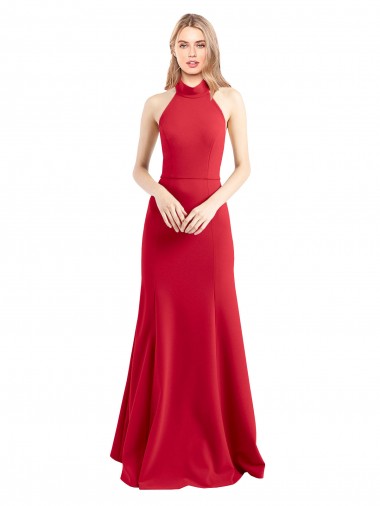 Rojo línea A Halter Cuello Alto Crepé Elástico Largo Formales Vestidos de dama de honor / Vestidos de fiesta Venta