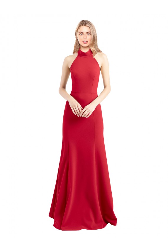 Compra Rojo línea A Halter Cuello Alto Crepé Elástico Largo Formales Vestidos de dama de honor / Vestidos de fiesta