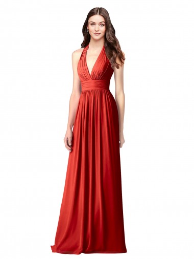 Rojo línea A Halter Cuello en V Gasa Largo Vestidos de dama de honor Venta