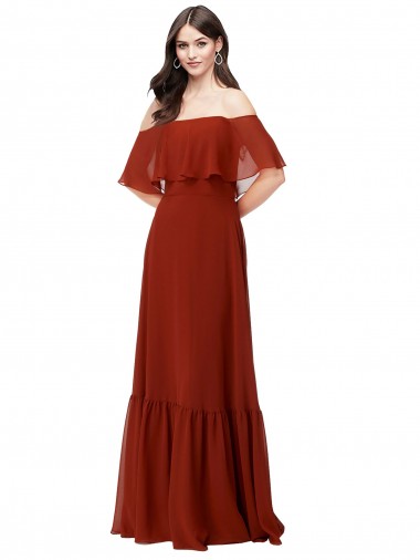 Rojo línea A Hombros Descubiertos Gasa Largo Vestidos de dama de honor Venta