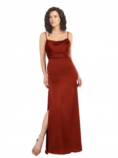 Rojo línea A Tirantes espagueti Cuadrado Satén sedoso Largo Formales Vestidos de dama de honor / Vestidos de fiesta Venta