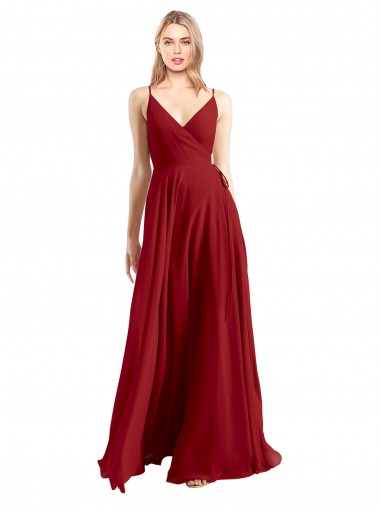 Rojo línea A Tirantes espagueti Cuello en V Gasa Largo Vestidos de dama de honor Venta