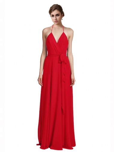 Rojo línea A Tirantes espagueti Halter Cuello en V Gasa Largo Vestidos de dama de honor Venta