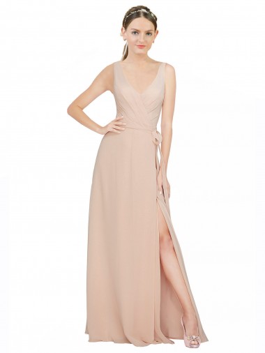 Rosa 114 línea A Cuello en V Gasa Largo Vestidos de dama de honor Venta