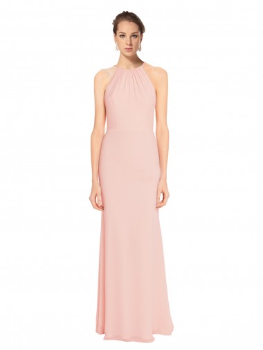Rosa 114 línea A Tirantes espagueti Halter Gasa Largo Vestidos de dama de honor Venta
