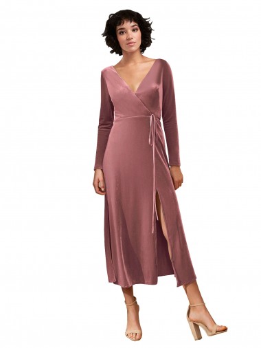 Rosa Canela línea A Cuello en V Midi Terciopelo Elástico Corto Vestidos de dama de honor / Vestidos de fiesta Venta