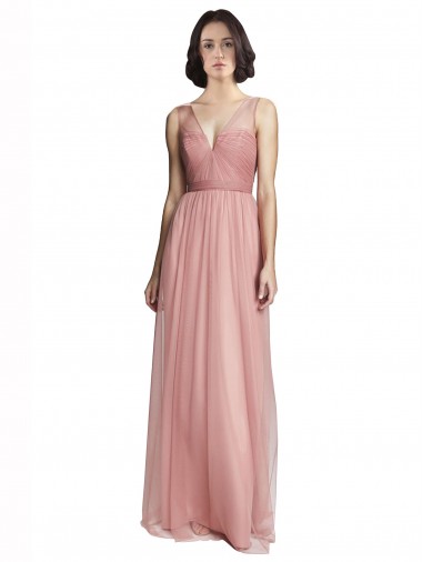 Rosa Rosa línea A Cuello en V Tul Largo Vestidos de dama de honor Venta