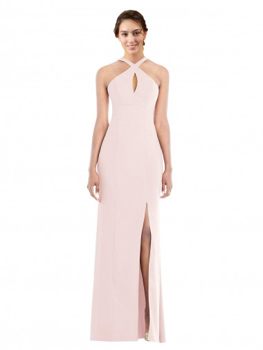 Rosa Trompeta Halter Crepé Elástico Largo Formales Vestidos de dama de honor / Vestidos de fiesta Venta