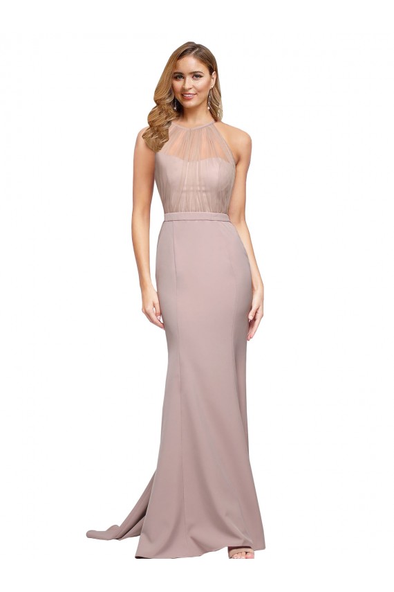 Compra Rosa empolvado Cubierta Cuello Alto Barrer tren Crepé Elástico Largo Formales Vestidos de dama de honor / Vestidos de fiesta