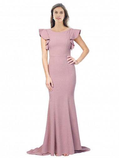 Rosa empolvado Sirena Cuello redondo Barrer tren Crepé Elástico Largo Formales Vestidos de dama de honor / Vestidos de fiesta Venta